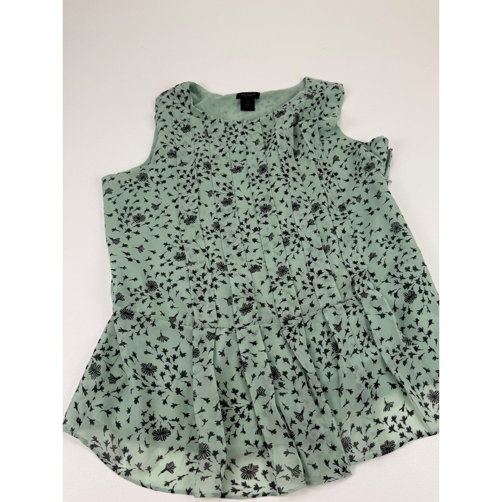 Ann Taylor Factory Mint Green Floral Pleated Peplum Sleeveless Blouse Size 14